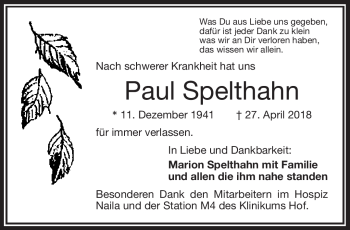 Traueranzeige von Paul Spelthahn von Frankenpost