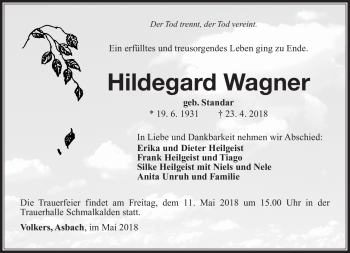 Traueranzeige von Hildegard Wagner von Südthüringer Presse