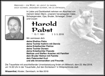 Traueranzeige von Harold Pabst von Südthüringer Presse