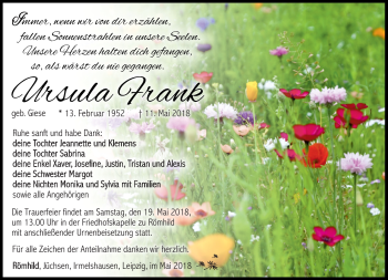 Traueranzeige von Ursula Frank von Südthüringer Presse