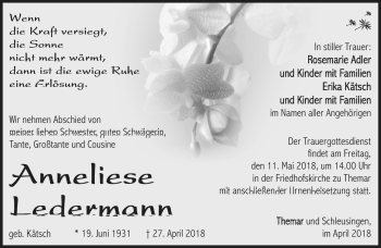 Traueranzeige von Anneliese Ledermann von Südthüringer Presse