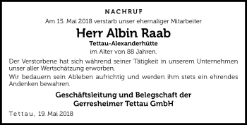 Traueranzeige von Albin Raab von Neue Presse Coburg