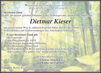 Traueranzeige von Dietmar Kieser von Südthüringer Presse