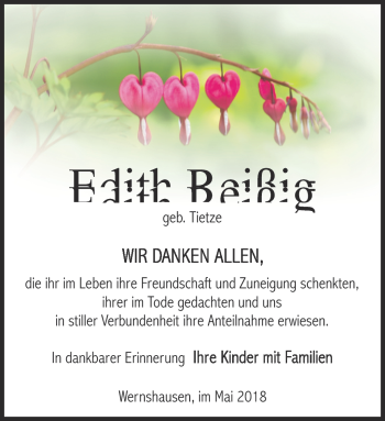 Traueranzeige von Edith Reißig von Südthüringer Presse