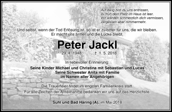 Traueranzeige von Peter Jackl von Südthüringer Presse