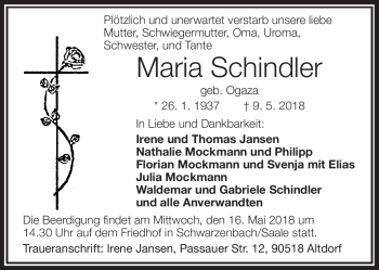 Traueranzeige von Maria Schindler von Frankenpost