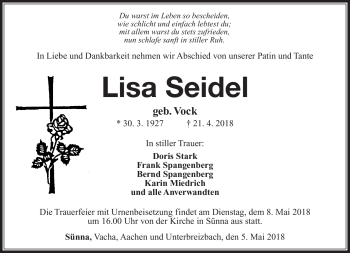 Traueranzeige von Lisa Seidel von Südthüringer Presse