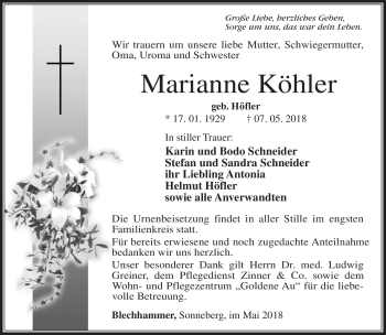 Traueranzeige von Marianne Köhler von Südthüringer Presse