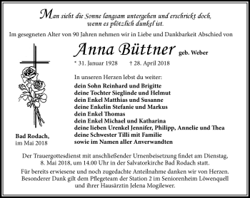 Traueranzeige von Anna Blüttner von Südthüringer Presse
