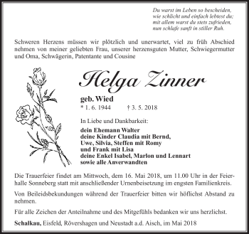 Traueranzeige von Helga Zinner von Südthüringer Presse