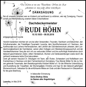 Traueranzeige von Rudi Höhn von Südthüringer Presse