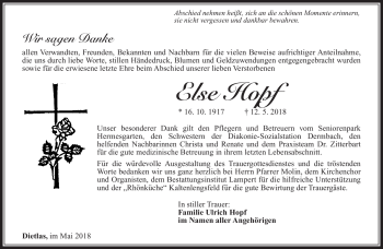 Traueranzeige von Else Hopf von Südthüringer Presse