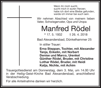 Traueranzeige von Manfred Rödel von Frankenpost
