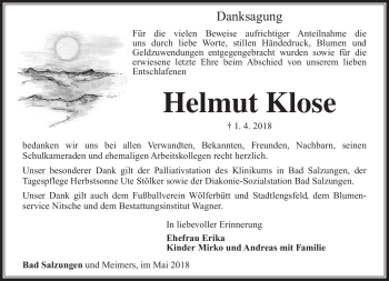 Traueranzeige von Helmut Klose von Südthüringer Presse