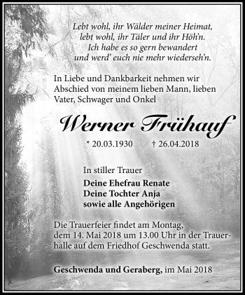Traueranzeige von Werner Frühauf von Südthüringer Presse