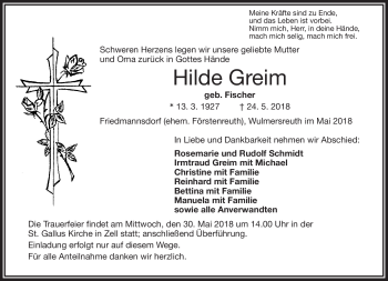 Traueranzeige von Hilde Greim von Frankenpost