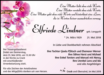Traueranzeige von Elfriede Lindner von Südthüringer Presse