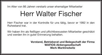 Traueranzeige von Walter Fischer von Frankenpost