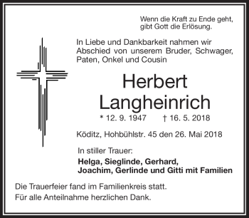 Traueranzeige von Herbert Langheinrich von Frankenpost