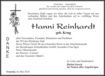Traueranzeige von Hanni Reinhardt von Südthüringer Presse