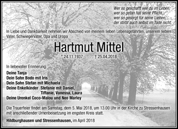 Traueranzeige von Hartmut Mittel von Südthüringer Presse
