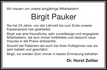 Traueranzeige von Birgit Pauker von Frankenpost