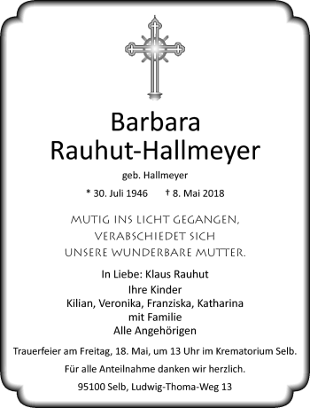 Traueranzeige von Barbara Rauhut-Hallmeyer von Frankenpost