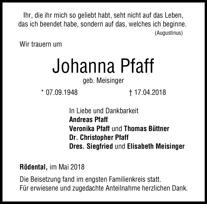  Traueranzeige für Johanna Pfaff vom 09.05.2018 aus Neue Presse Coburg