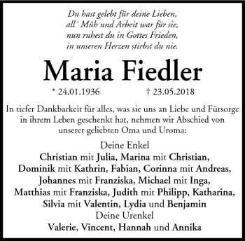 Traueranzeige von Maria Fiedler von Neue Presse Coburg