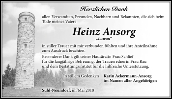 Traueranzeige von Heinz Ansorg von Südthüringer Presse