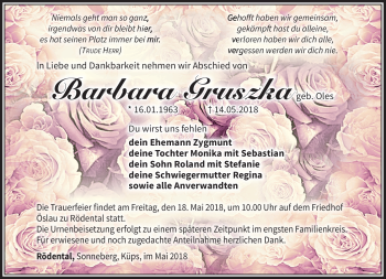Traueranzeige von Barbara Gruszka von Neue Presse Coburg