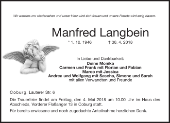 Traueranzeige von Manfred Langbein von Neue Presse Coburg