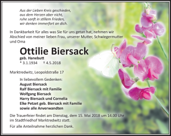 Traueranzeige von Ottilie Biersack von Frankenpost