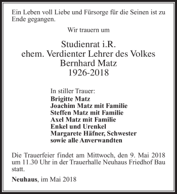 Traueranzeige von Bernhard Matz von Südthüringer Presse