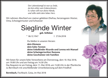 Traueranzeige von Sieglinde Winter von Südthüringer Presse