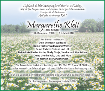 Traueranzeige von Margarethe Klett von Südthüringer Presse