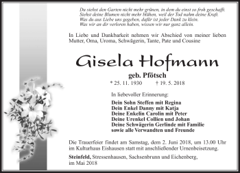 Traueranzeige von Gisela Hofmann von Südthüringer Presse