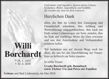 Traueranzeige von Willi Borchardt von Südthüringer Presse