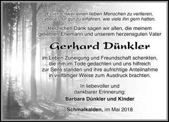 Traueranzeige von Gerhard Dünkler von Südthüringer Presse