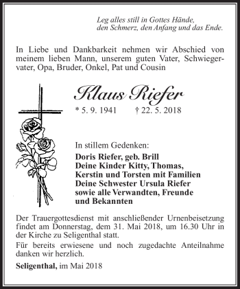 Traueranzeige von Klaus Riefer von Südthüringer Presse
