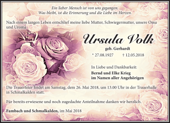 Traueranzeige von Ursula Volk von Südthüringer Presse