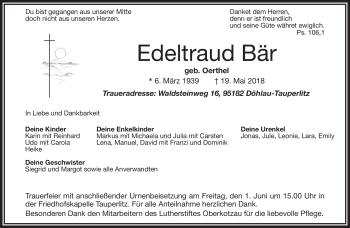 Traueranzeige von Edeltraud Bär von Frankenpost