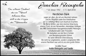 Traueranzeige von Joachim Kleinspehn von Südthüringer Presse