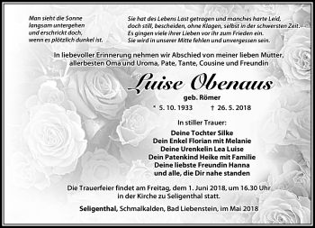 Traueranzeige von Luise Obenaus von Südthüringer Presse