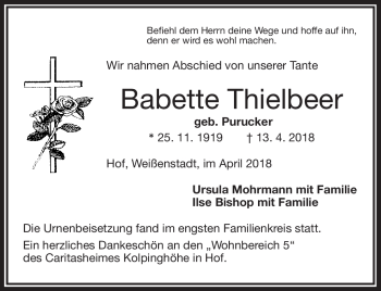 Traueranzeige von Babette Thielbeer von Frankenpost