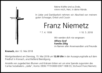 Traueranzeige von Franz Niemetz von Neue Presse Coburg