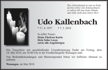 Traueranzeige von Udo Kallenbach von Südthüringer Presse