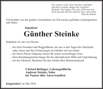 Traueranzeige von Günther Steinke von Südthüringer Presse