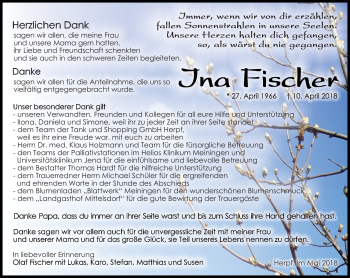 Traueranzeige von Ina Fischer von Südthüringer Presse