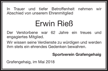 Traueranzeige von Erwin Rieß von Frankenpost